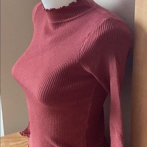 Brick Red Women's Lettuce Edge Mock Neck Knit Turtleneck Top